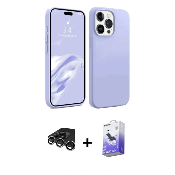MARSİLYAN™- iPhone 15 Pro Kılıf Kozmos Yansıma Özel Seri - Siyah Bilvis 5in1 5D Magic Hayalet Cam Ekran Koruyucu + Raze Metal Kamera Lens - GS