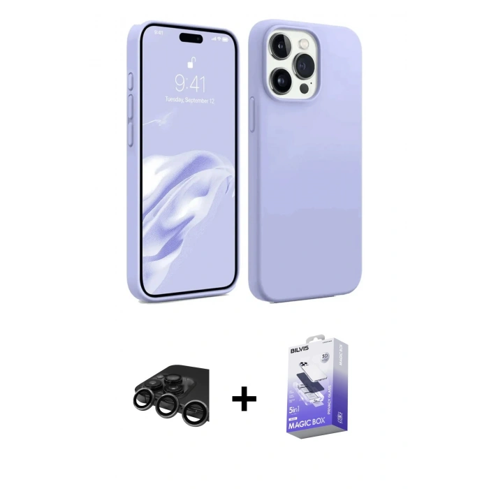 MARSİLYAN™- iPhone 15 Pro Kılıf Kozmos Yansıma Özel Seri - Siyah Bilvis 5in1 5D Magic Hayalet Cam Ekran Koruyucu + Raze Metal Kamera Lens - TMGI