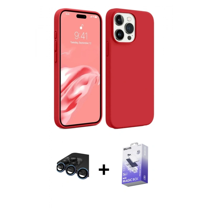 MARSİLYAN™- iPhone 15 Pro Kılıf Kozmos Yansıma Özel Seri - Siyah Bilvis 5in1 5D Magic Hayalet Cam Ekran Koruyucu + Lacivert Raze Metal Kamera Lens