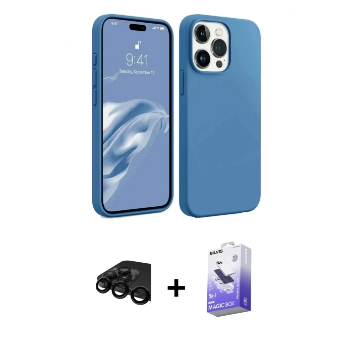 MARSİLYAN™- iPhone 15 Pro Kılıf Kozmos Yansıma Özel Seri - Siyah Bilvis 5in1 5D Magic Hayalet Cam Ekran Koruyucu + Raze Metal Kamera Lens - SH