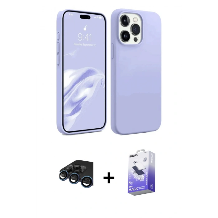 MARSİLYAN™- iPhone 15 Pro Kılıf Kozmos Yansıma Özel Seri - Siyah Bilvis 5in1 5D Magic Hayalet Cam Ekran Koruyucu + Lacivert Raze Metal Kamera Lens