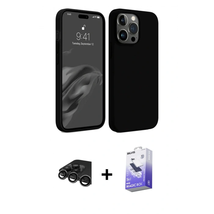 MARSİLYAN™- iPhone 15 Pro Kılıf Kozmos Yansıma Özel Seri - Siyah Bilvis 5in1 5D Magic Hayalet Cam Ekran Koruyucu + Raze Metal Kamera Lens - TMGI