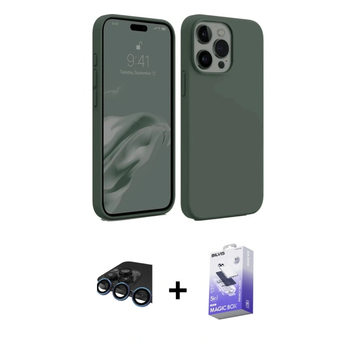MARSİLYAN™- iPhone 15 Pro Kılıf Kozmos Yansıma Özel Seri - Siyah Bilvis 5in1 5D Magic Hayalet Cam Ekran Koruyucu + Lacivert Raze Metal Kamera Lens