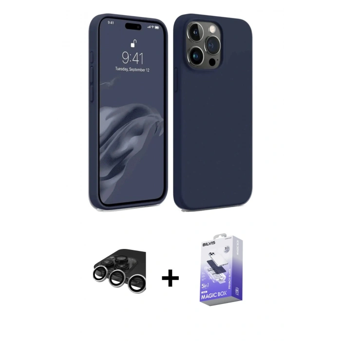 MARSİLYAN™- iPhone 15 Pro Kılıf Kozmos Yansıma Özel Seri - Siyah Bilvis 5in1 5D Magic Hayalet Cam Ekran Koruyucu + Raze Metal Kamera Lens - GS