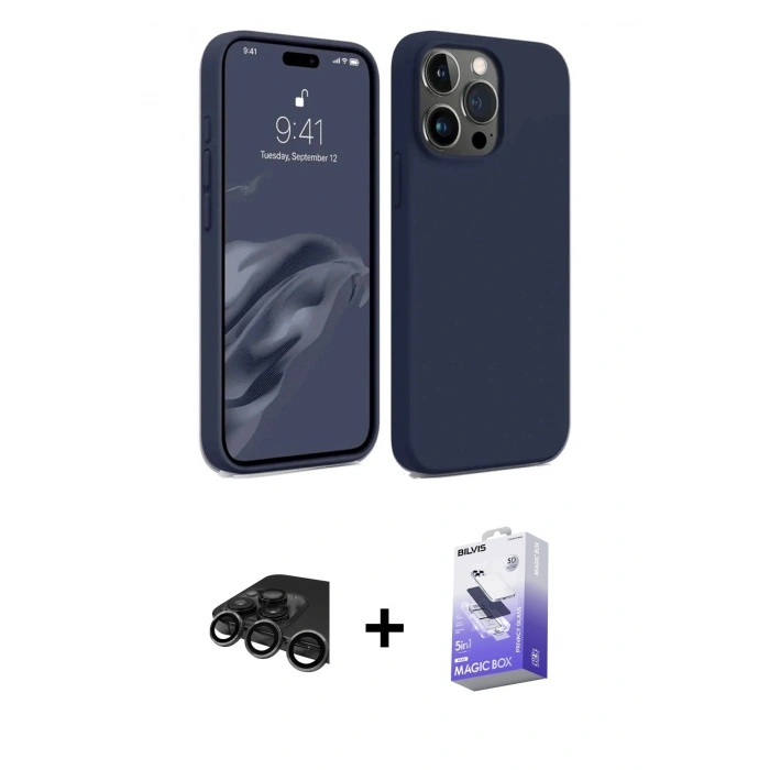 MARSİLYAN™- iPhone 15 Pro Kılıf Kozmos Yansıma Özel Seri - Siyah Bilvis 5in1 5D Magic Hayalet Cam Ekran Koruyucu + Raze Metal Kamera Lens - TMGI