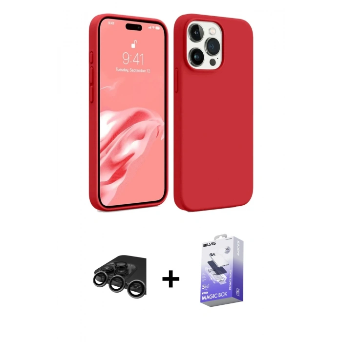 MARSİLYAN™- iPhone 15 Pro Kılıf Kozmos Yansıma Özel Seri - Siyah Bilvis 5in1 5D Magic Hayalet Cam Ekran Koruyucu + Raze Metal Kamera Lens - TMGI