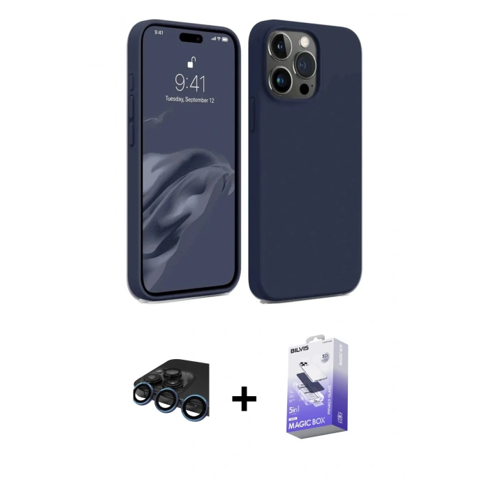 MARSİLYAN™- iPhone 15 Pro Kılıf Kozmos Yansıma Özel Seri - Siyah Bilvis 5in1 5D Magic Hayalet Cam Ekran Koruyucu + Lacivert Raze Metal Kamera Lens