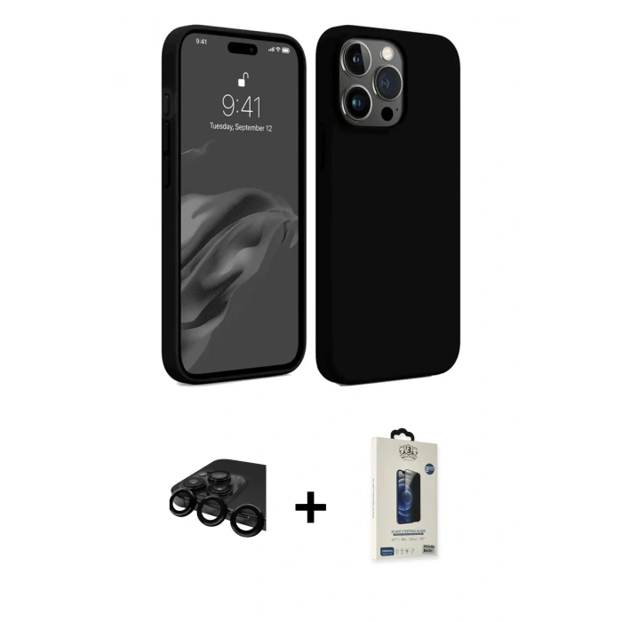 MARSİLYAN™- iPhone 15 Pro Kılıf Kozmos Yansıma Özel Seri - Siyah Bilvis Hayalet Cam Ekran Koruyucu + Raze Metal Kamera Lens - SH