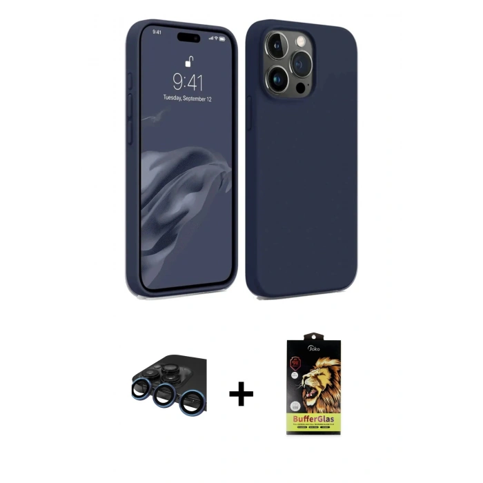 MARSİLYAN™- iPhone 15 Pro Kılıf Kozmos Yansıma Özel Seri - Siyah Buffer Cam Ekran Koruyucu + Raze Metal Kamera Lens - LT