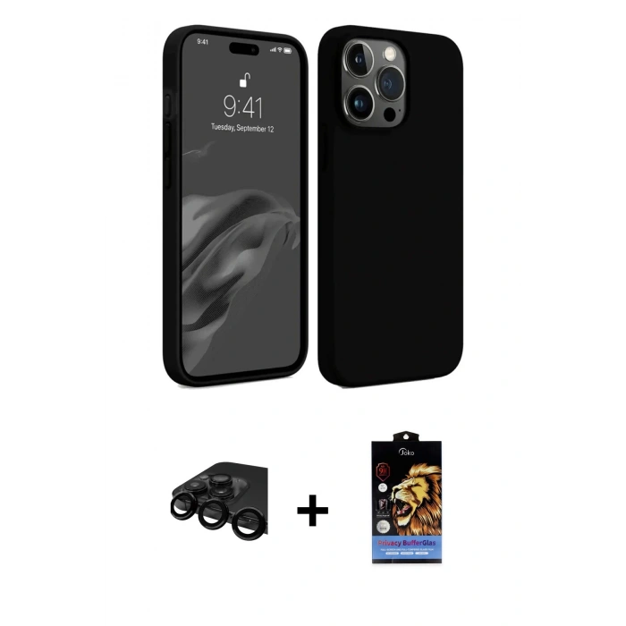 MARSİLYAN™- iPhone 15 Pro Kılıf Kozmos Yansıma Özel Seri - Siyah Buffer Hayalet Cam Ekran Koruyucu + Siyah Raze Metal Kamera Lens