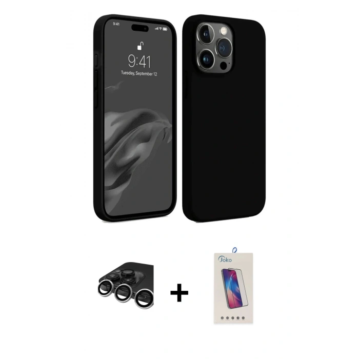 MARSİLYAN™- iPhone 15 Pro Kılıf Kozmos Yansıma Özel Seri - Siyah Joko 5D Cam + Raze Metal Kamera Lens - GS