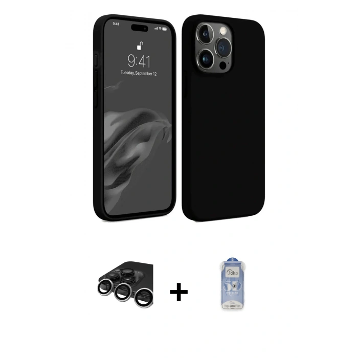 MARSİLYAN™- iPhone 15 Pro Kılıf Kozmos Yansıma Özel Seri - Siyah Joko Magic 5D Cam + Gümüş Raze Metal Kamera Lens