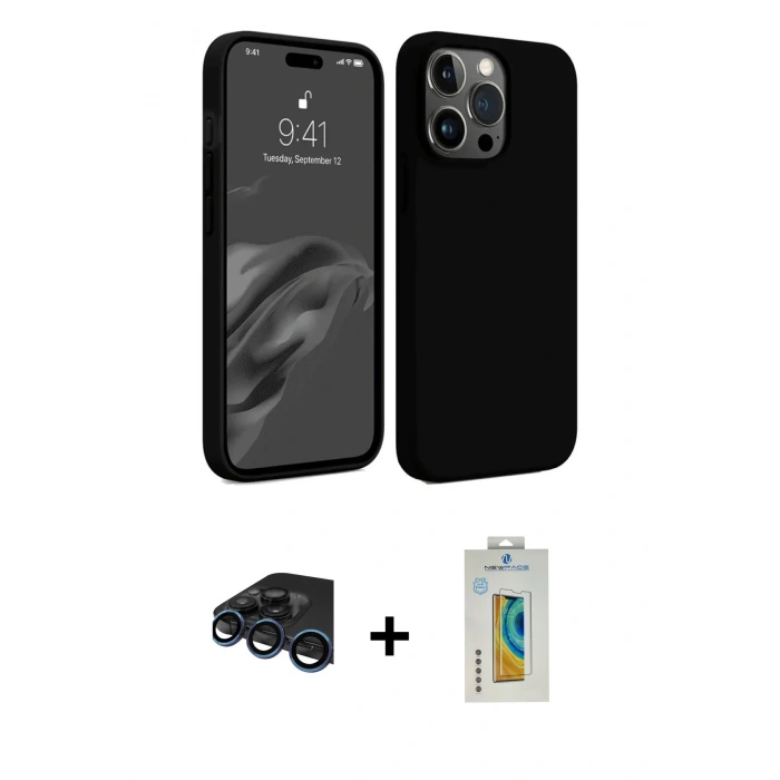 MARSİLYAN™- iPhone 15 Pro Kılıf Kozmos Yansıma Özel Seri - Siyah Polymer Nano Ekran Koruyucu + Lacivert Raze Metal Kamera Lens