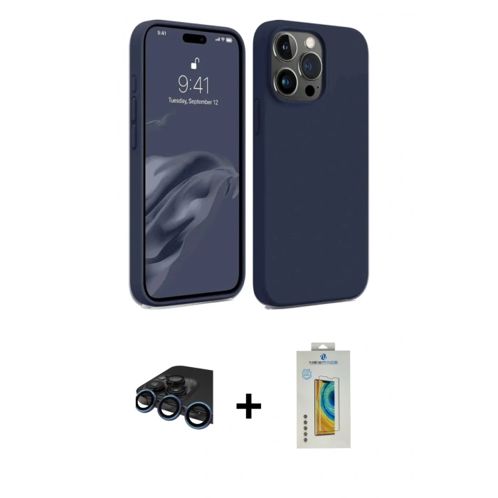 MARSİLYAN™- iPhone 15 Pro Kılıf Kozmos Yansıma Özel Seri - Siyah Polymer Nano Ekran Koruyucu + Lacivert Raze Metal Kamera Lens