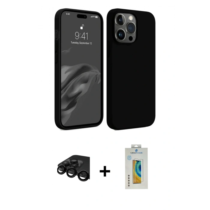 MARSİLYAN™- iPhone 15 Pro Kılıf Kozmos Yansıma Özel Seri - Siyah Polymer Nano Ekran Koruyucu + Raze Metal Kamera Lens - SH