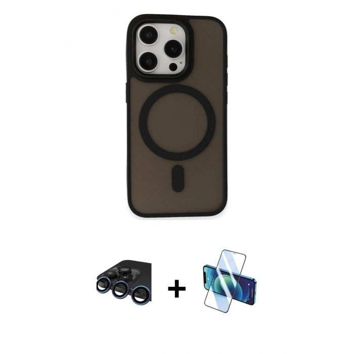 MARSİLYAN™- iPhone 15 Pro Kılıf Kutup Serisi - Siyah 3D Antistatik Cam Ekran Koruyucu + Raze Metal Kamera Lens - LT