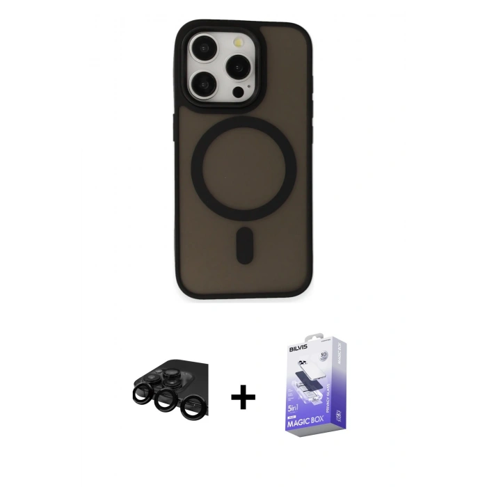 MARSİLYAN™- iPhone 15 Pro Kılıf Kutup Serisi - Siyah Bilvis 5in1 5D Magic Hayalet Cam Ekran Koruyucu + Raze Metal Kamera Lens - SH