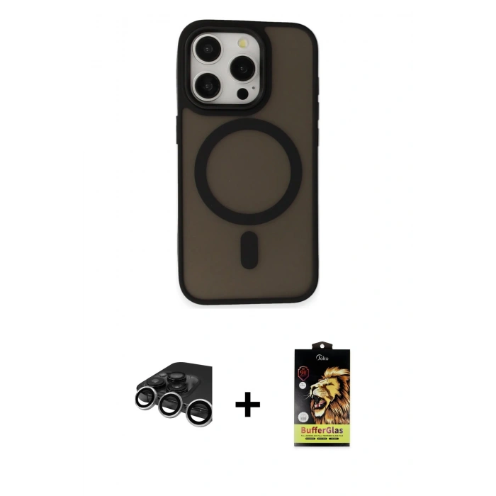 MARSİLYAN™- iPhone 15 Pro Kılıf Kutup Serisi - Siyah Buffer Cam Ekran Koruyucu + Raze Metal Kamera Lens - GS