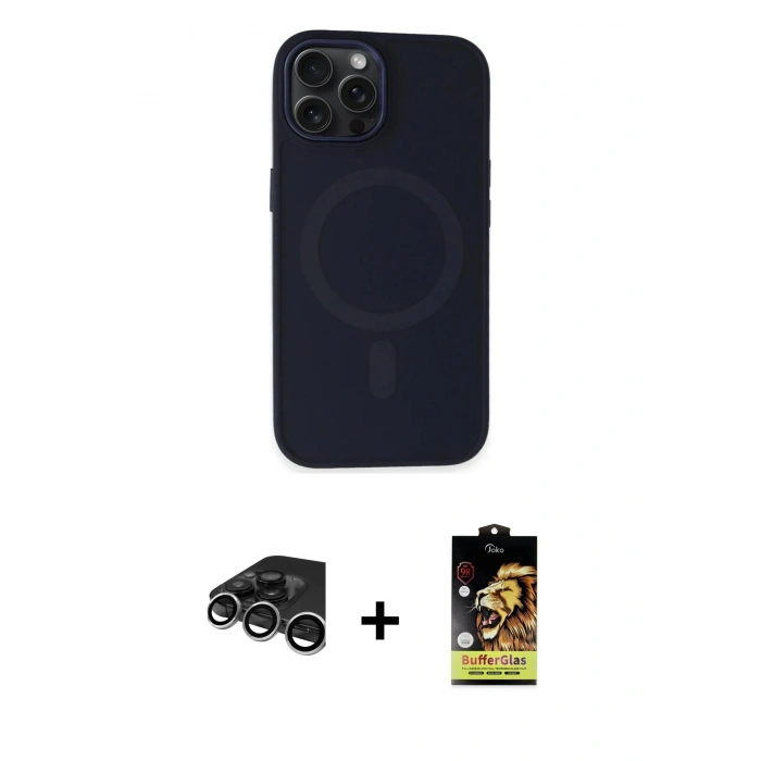 MARSİLYAN™- iPhone 15 Pro Kılıf Kutup Serisi - Siyah Buffer Cam Ekran Koruyucu + Raze Metal Kamera Lens - GS