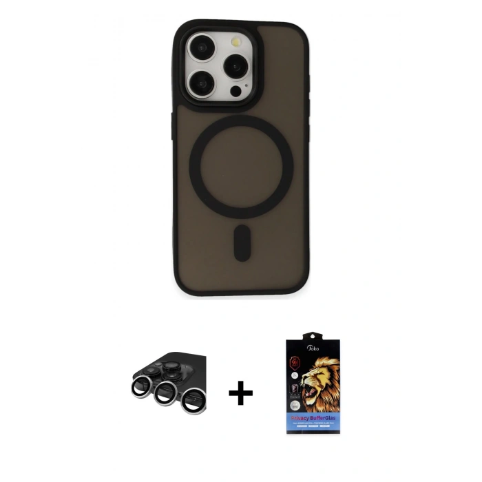 MARSİLYAN™- iPhone 15 Pro Kılıf Kutup Serisi - Siyah Buffer Hayalet Cam Ekran Koruyucu + Raze Metal Kamera Lens - GS