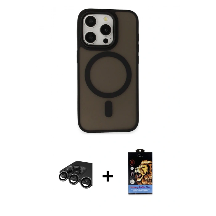 MARSİLYAN™- iPhone 15 Pro Kılıf Kutup Serisi - Siyah Buffer Hayalet Cam Ekran Koruyucu + Raze Metal Kamera Lens - TMGI