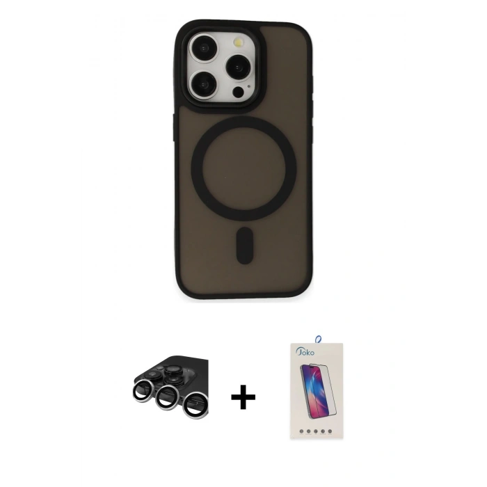 MARSİLYAN™- iPhone 15 Pro Kılıf Kutup Serisi - Siyah Joko 5D Cam + Raze Metal Kamera Lens - GS