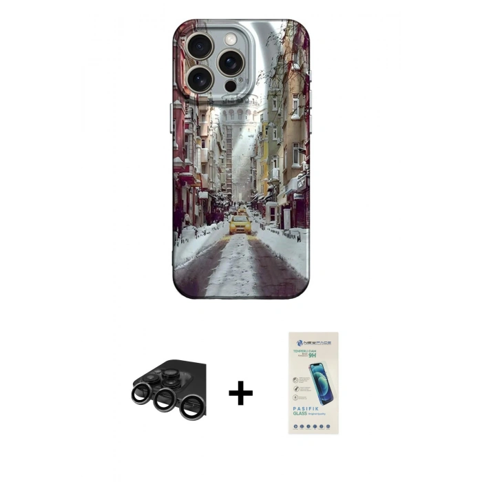 MARSİLYAN™- iPhone 15 Pro Kılıf Nova Doku Prime - Şeffaf Pasifik Cam Ekran Koruyucu + Raze Metal Kamera Lens - TMGI