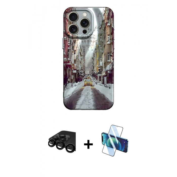 MARSİLYAN™- iPhone 15 Pro Kılıf Nova Doku Prime - Siyah 3D Antistatik Cam Ekran Koruyucu + Raze Metal Kamera Lens - SH