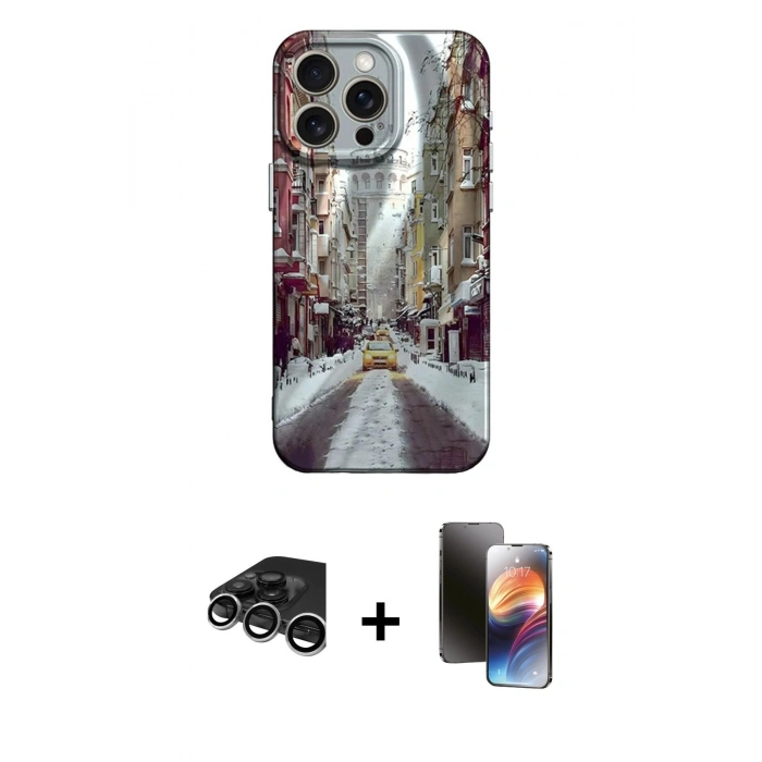 MARSİLYAN™- iPhone 15 Pro Kılıf Nova Doku Prime - Siyah 3D Antistatik Mat Seramik Nano Ekran Koruyucu + Raze Metal Kamera Lens - GS