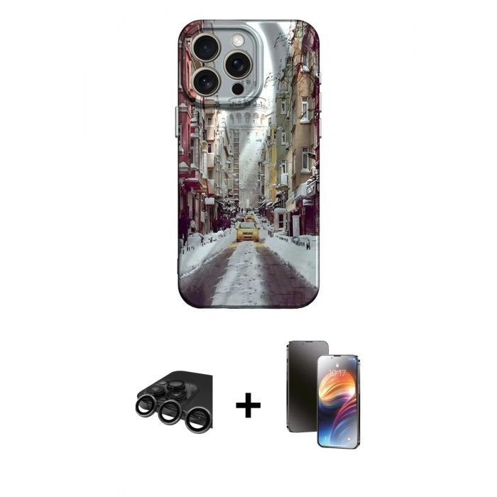 MARSİLYAN™- iPhone 15 Pro Kılıf Nova Doku Prime - Siyah 3D Antistatik Mat Seramik Nano Ekran Koruyucu + Raze Metal Kamera Lens - TMGI