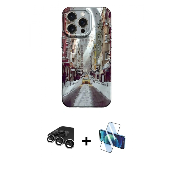 MARSİLYAN™- iPhone 15 Pro Kılıf Nova Doku Prime - Siyah 3D Antistatik Seramik Nano Ekran Koruyucu + Raze Metal Kamera Lens - GS