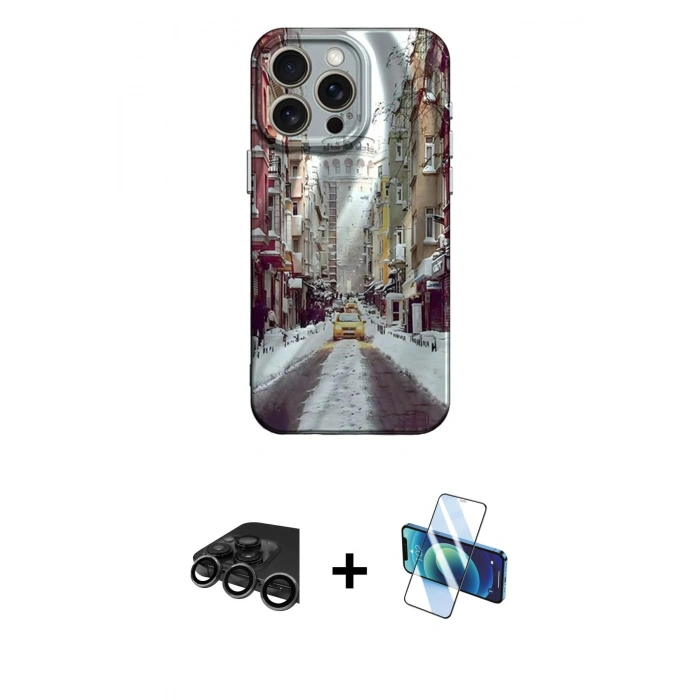 MARSİLYAN™- iPhone 15 Pro Kılıf Nova Doku Prime - Siyah 3D Antistatik Seramik Nano Ekran Koruyucu + Titanyum Gri Raze Metal Kamera Lens