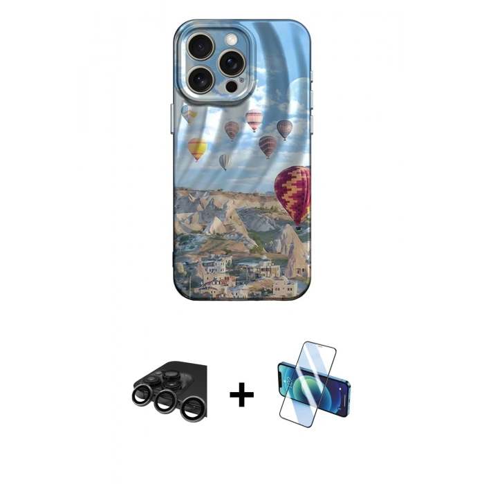 MARSİLYAN™- iPhone 15 Pro Kılıf Nova Doku Prime - Siyah 3D Antistatik Seramik Nano Ekran Koruyucu + Titanyum Gri Raze Metal Kamera Lens