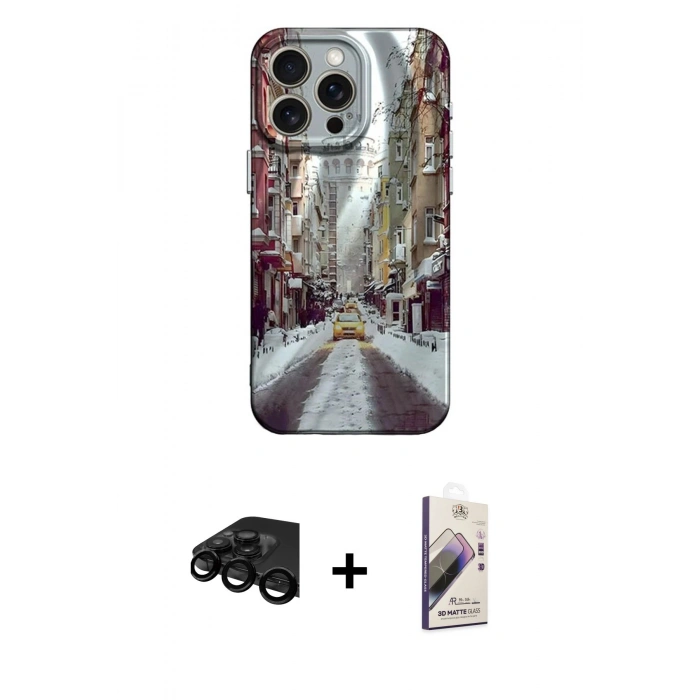 MARSİLYAN™- iPhone 15 Pro Kılıf Nova Doku Prime - Siyah Bilvis 3D Mat Cam Ekran Koruyucu + Siyah Raze Metal Kamera Lens