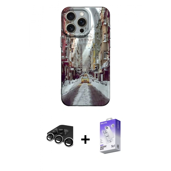 MARSİLYAN™- iPhone 15 Pro Kılıf Nova Doku Prime - Siyah Bilvis 5in1 3D Magic Cam Ekran Koruyucu + Raze Metal Kamera Lens - GS