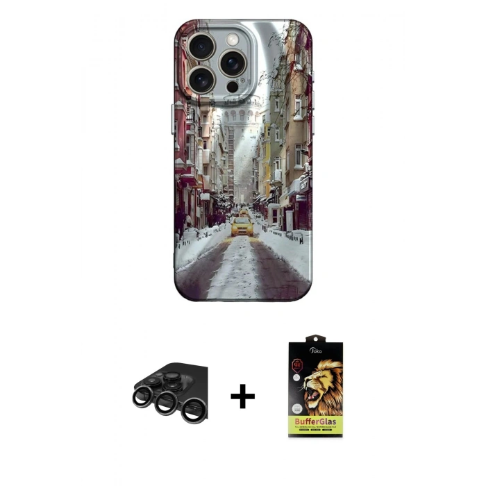 MARSİLYAN™- iPhone 15 Pro Kılıf Nova Doku Prime - Siyah Buffer Cam Ekran Koruyucu + Titanyum Gri Raze Metal Kamera Lens