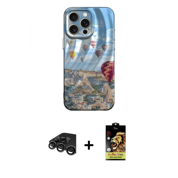 MARSİLYAN™- iPhone 15 Pro Kılıf Nova Doku Prime - Siyah Buffer Cam Ekran Koruyucu + Titanyum Gri Raze Metal Kamera Lens