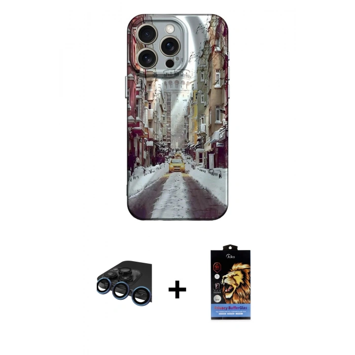 MARSİLYAN™- iPhone 15 Pro Kılıf Nova Doku Prime - Siyah Buffer Hayalet Cam Ekran Koruyucu + Raze Metal Kamera Lens - LT