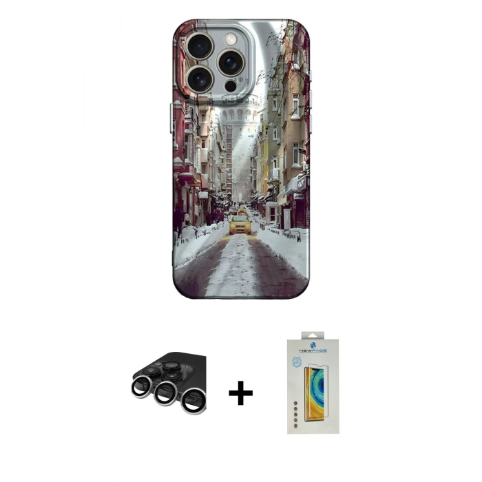 MARSİLYAN™- iPhone 15 Pro Kılıf Nova Doku Prime - Siyah Polymer Nano Ekran Koruyucu + Raze Metal Kamera Lens - GS