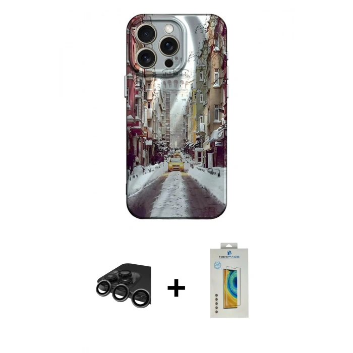 MARSİLYAN™- iPhone 15 Pro Kılıf Nova Doku Prime - Siyah Polymer Nano Ekran Koruyucu + Raze Metal Kamera Lens - TMGI