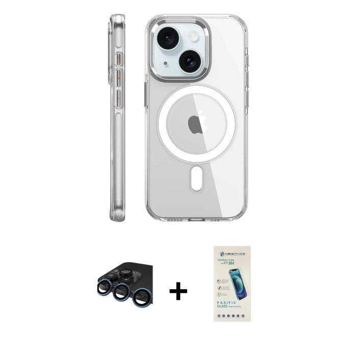 MARSİLYAN™- iPhone 15 Pro Kılıf Nova Doku - Şeffaf Pasifik Cam Ekran Koruyucu + Raze Metal Kamera Lens - LT