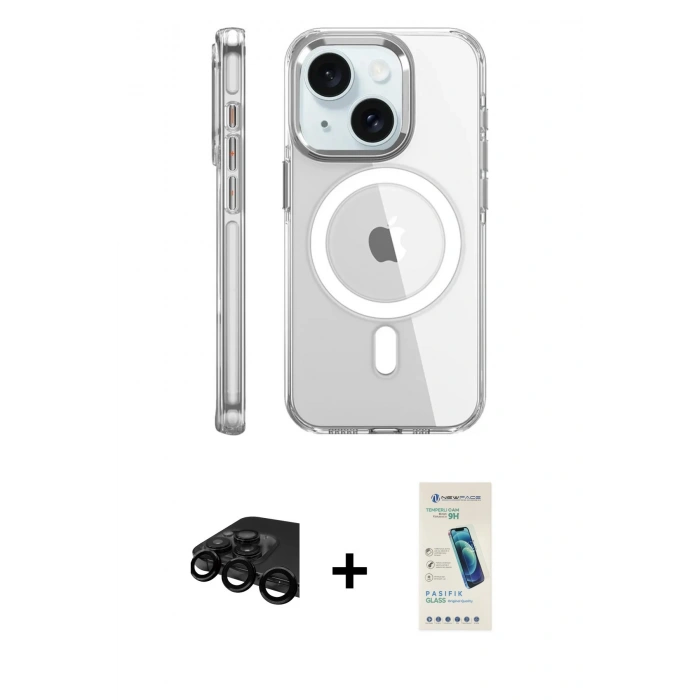 MARSİLYAN™- iPhone 15 Pro Kılıf Nova Doku - Şeffaf Pasifik Cam Ekran Koruyucu + Raze Metal Kamera Lens - SH