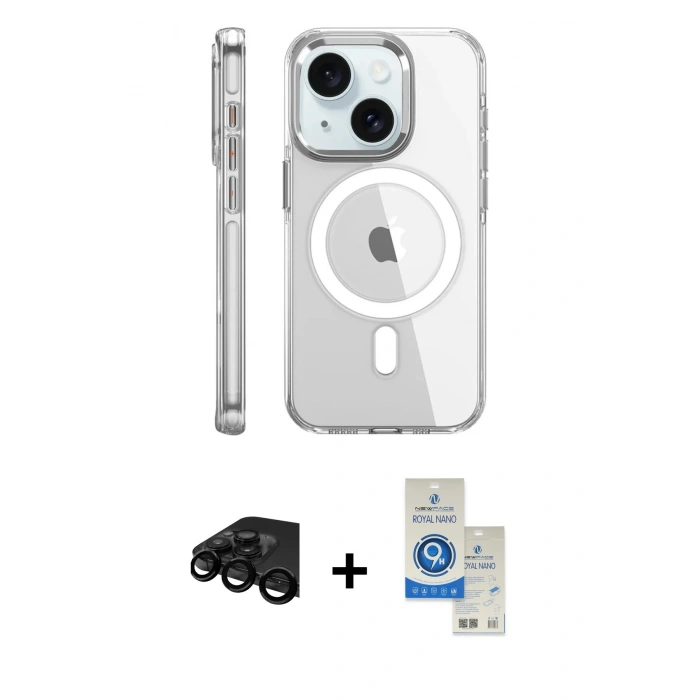 MARSİLYAN™- iPhone 15 Pro Kılıf Nova Doku - Şeffaf Royal Nano Ekran Koruyucu + Raze Metal Kamera Lens - SH