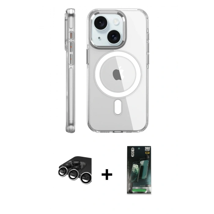MARSİLYAN™- iPhone 15 Pro Kılıf Nova Doku - Siyah 360 Mat Full Body Arka Koruyucu + Raze Metal Kamera Lens - GS
