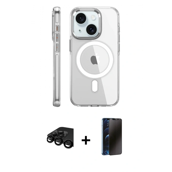 MARSİLYAN™- iPhone 15 Pro Kılıf Nova Doku - Siyah 3D Antistatik Hayalet Cam Ekran Koruyucu + Raze Metal Kamera Lens - SH
