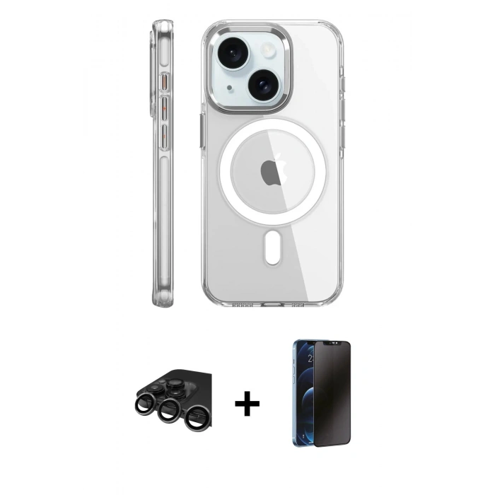 MARSİLYAN™- iPhone 15 Pro Kılıf Nova Doku - Siyah 3D Antistatik Hayalet Cam Ekran Koruyucu + Raze Metal Kamera Lens - TMGI