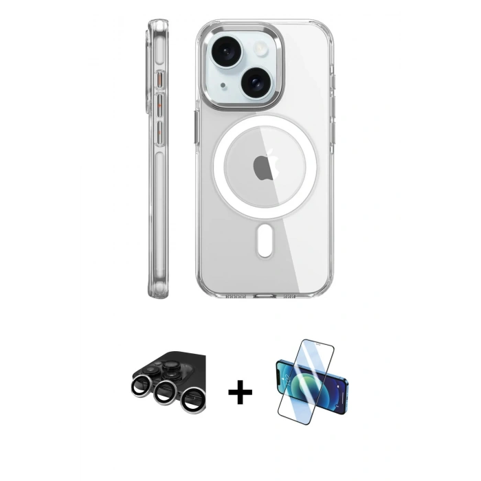 MARSİLYAN™- iPhone 15 Pro Kılıf Nova Doku - Siyah 3D Antistatik Seramik Nano Ekran Koruyucu + Raze Metal Kamera Lens - GS