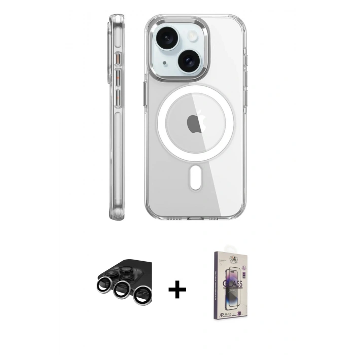 MARSİLYAN™- iPhone 15 Pro Kılıf Nova Doku - Siyah Bilvis 3D Cam Ekran Koruyucu + Raze Metal Kamera Lens - GS