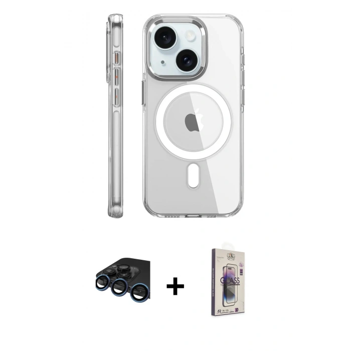 MARSİLYAN™- iPhone 15 Pro Kılıf Nova Doku - Siyah Bilvis 3D Cam Ekran Koruyucu + Raze Metal Kamera Lens - LT