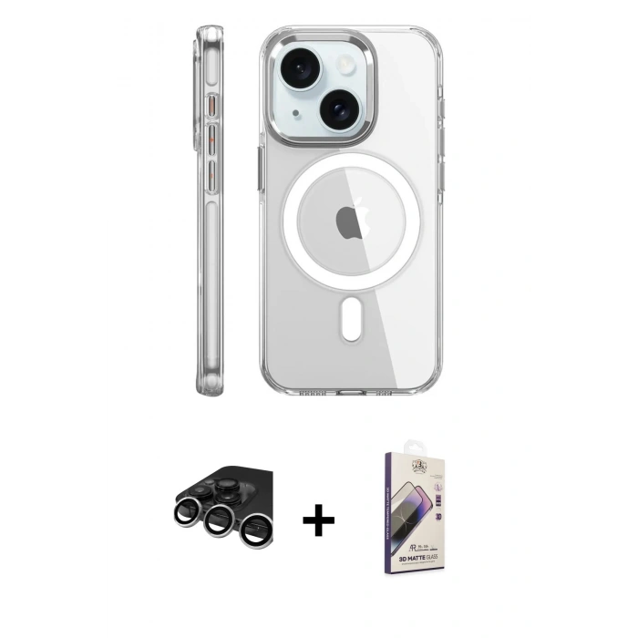 MARSİLYAN™- iPhone 15 Pro Kılıf Nova Doku - Siyah Bilvis 3D Mat Cam Ekran Koruyucu + Raze Metal Kamera Lens - GS